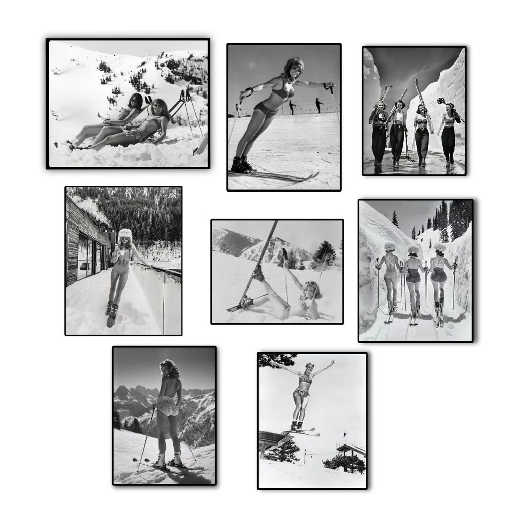 Vintage Bikini Ski Poster Sexy Girls Gone Skiing Wall Decor Set